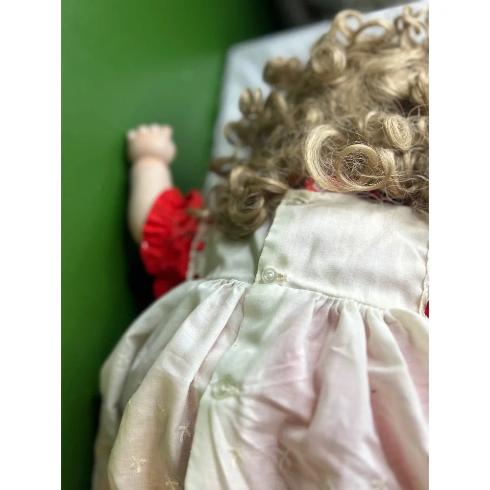 Vintage Porcelain Collector Doll Blonde Curly Hair Red White Lace Dress BlueEyes